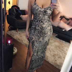 free with purchase-Abstract sequin thigh split maxi dress